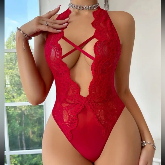 Strappy Red Lace Deep V Teddy - Picture 2 of 5
